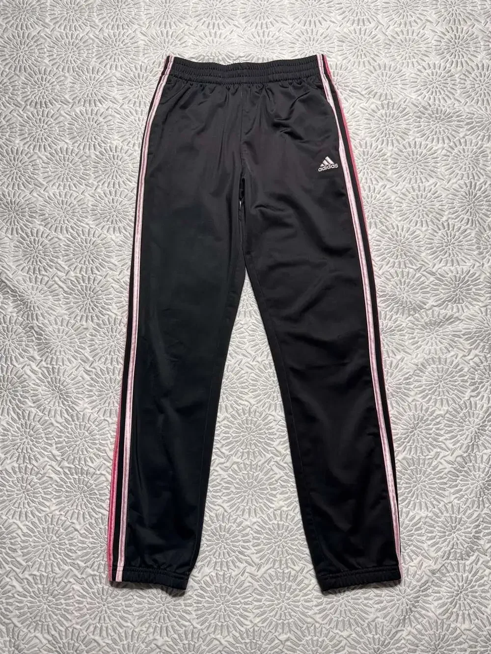 Adidas Girls XL Regular Fit Track Pants Black with Pink Stripes